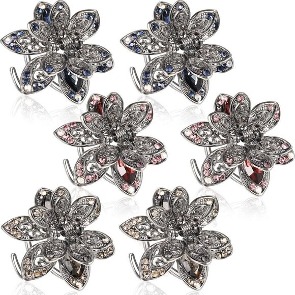 6 Pcs Metal Rhinestone Hair Clips Vintage Flower Barrette Nonslip Hair Accessori